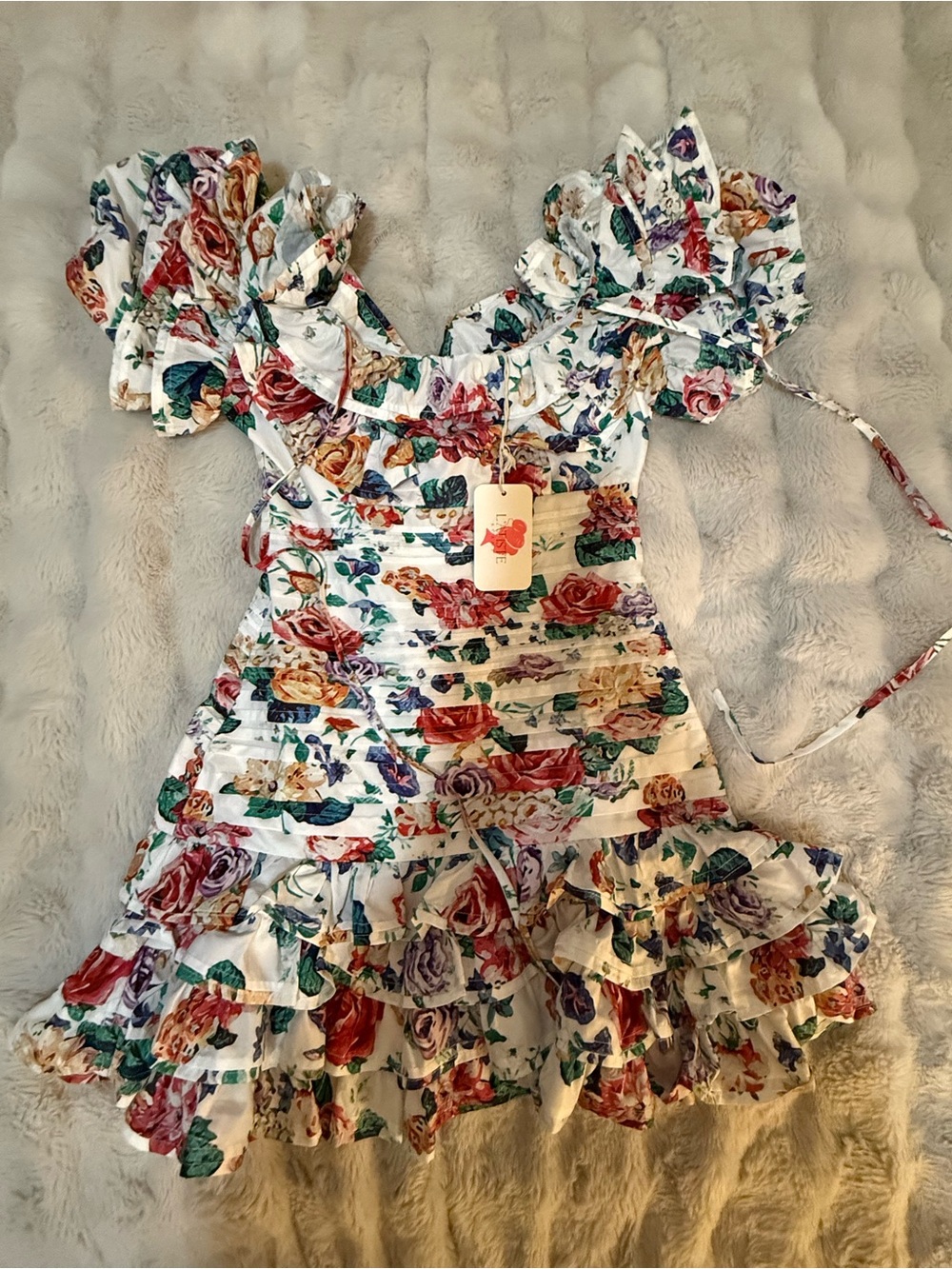 L'ATISTE White Floral Ruffle Mini Dress with Red, Yellow & Green Roses